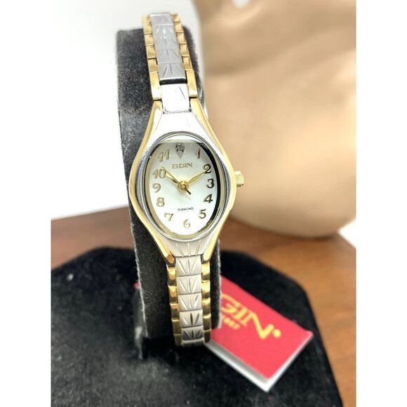 Elgin Women's Watch EG8076 Silver Tone Dial Two Tone Stainless Steel Petite Oval - Picture 12 of 13